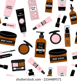 Cosmetic seamless pattern with bottles, tubes and jars. Face and body care products.