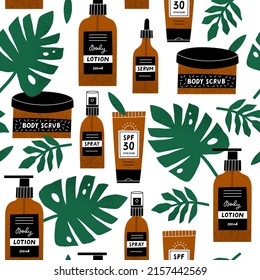 Cosmetic seamless pattern with bottles, tubes and jars. Face and body care products. Vector illustration