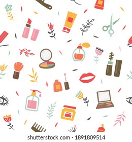 Cosmetic seamless pattern. Glamour cosmetic vector background in flat style.