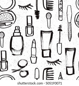 Cosmetic seamless pattern with lipstick, cream, mascara, scissors, comb, nail polish. Vector illustration.
