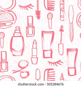 Cosmetic seamless pattern with lipstick, cream, mascara, scissors, comb, nail polish. Vector illustration.