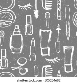 Cosmetic seamless pattern with lipstick, cream, mascara, scissors, comb, nail polish. Vector illustration.