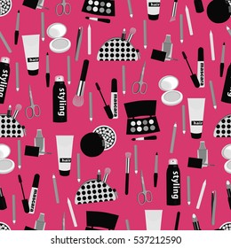 Cosmetic seamless pattern, makeup accessories background. Diverse black and white cosmetic products on bright pink background. Stylish and fashionable decoration. Vector illustration
