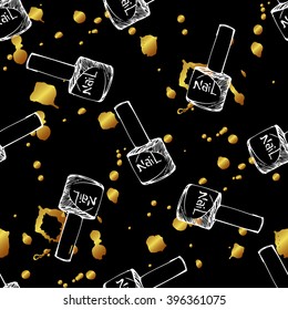 Cosmetic seamless vector pattern. Nail polish sketch texture. Gold glitter, black colors. Fashion background with nail polish blots