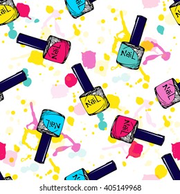 Cosmetic seamless vector pattern. Nail polish sketch texture. Summer neon background. Fashion background with nail polish blots