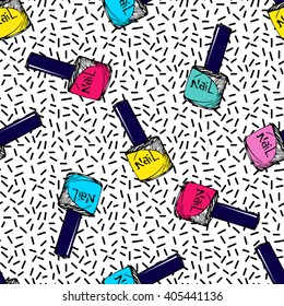 Cosmetic seamless vector pattern. Nail polish sketch texture. Summer neon background. Fashion background with nail polish and geometric elements. 