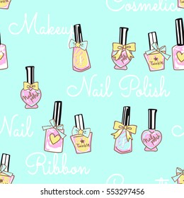 Cosmetic seamless vector pattern. Nail polish sketch texture. Fashion background with nail polish