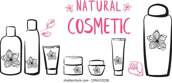 Cosmetic series. Beauty, makeup. Set of Sketch hand drawn bottles, tubes and containers on white background. Illustration. Isolated. Banner, poster, flyer, catalog. Template. - Vector