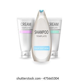 Cosmetic series bottles, vector template, natural organic products. Plastic tube, branding product