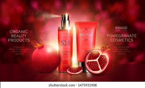 Cosmetic series with pomegranate fruit realistic vector illustration. Natural organic cosmetics, sunscreen spray bottle and tube of hand cream on red defocused background with bokeh and light elements