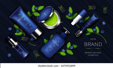 Cosmetic series with wild berries realistic vector illustration. Natural cosmetics, blue design for cream and lotion, serum and lip balm beside blueberry and green leaves, organic skin care product