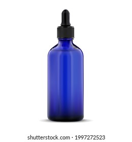 Cosmetic serum blue glass pipette bottle, collagen product essence mockup. Facial treatment glossy packaging with droplet. q10 aging serum, liquid supplement