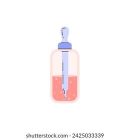 Cosmetic serum bottle, vector illustration isolated on white background drawn in flat cartoon style. Glass container with oil or liquid, product for skin or hair care. Object for beauty salon design