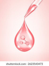 Queda de soro cosmético com estrutura molecular e pipeta. Cuidados com a pele e essência de beleza. Ilustração vetorial