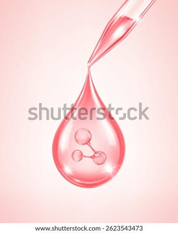 Cosmetic serum drop with molecular structure and pipette. Skincare and beauty essence. Vector illustration