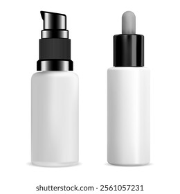 Cosmetic serum dropper airless dispenser bottle vector mockup. Face skin care essence eyedropper flask. Beauty foundation mini dispenser flask, matt glass packaging. Cream or lotion vial