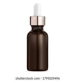 Cosmetic serum dropper bottle. Brown glass vial mock up for aroma oil or perfume. Vape liquid flacon with plastic eyedropper. Aging collagen treatment flask with pipette. 3d vector illustration