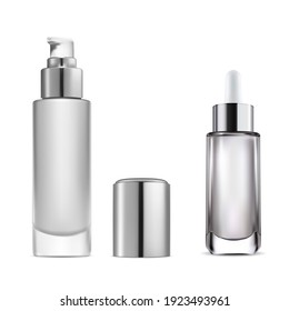 Cosmetic serum dropper bottle. Essential water pump bottle. Clear glass skincare flask with eyedropper. Collagen product dropper flacon illustration. Beauty base moisture template