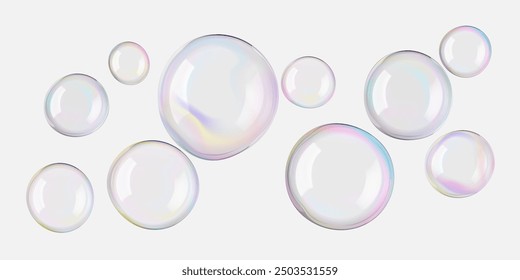 Cosmetic serum gel drop texture. Transparent liquid oil water, soap bubble float. Skincare isolated face essence cleanser. Iridescent glossy round light shapes. Shiny reflection, flying bath elements