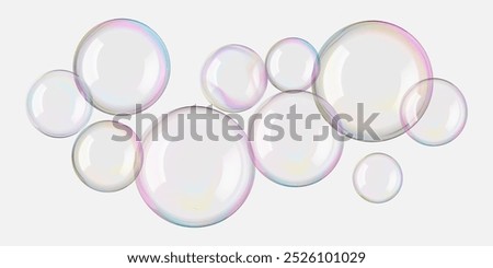 Cosmetic serum gel drop texture. Transparent liquid oil water, soap bubble float. Skincare isolated face essence cleanser. Iridescent glossy round light shapes. Shiny reflection, flying bath elements