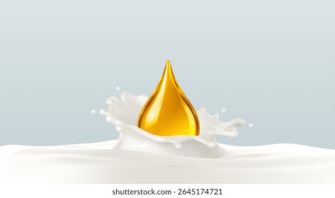 O óleo dourado do soro cosmético salpira em creme de leite branco. Nutrição de cuidados com a pele, vitaminas e conceito de essência cosmética. Ilustração vetorial.