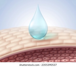 Cosmetic serum oil floats on skin cells. Moisturizes the skin with collagen molecules. realistic vector illustration.