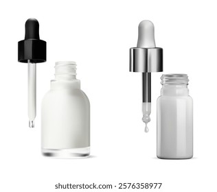 Cosmetic serum pipette dropper bottle set, vector mockup. Eye collagen flask with eyedropper, realistic template blank. Aroma essence treatment glass bottle mock up, health product