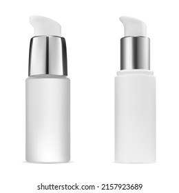 Cosmetic Serum Pump Bottle. Glass Container Mockup For Skin Foundation. Mini Dispenser Jar Template With Airless Pump. Face Cream Product Dispenser With Dropper, Foundation Texture