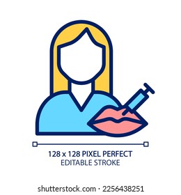 Cosmetic services pixel perfect RGB color icon. Aesthetic medicine service. Lip injection to add volume. Cosmetologist. Isolated vector illustration. Simple filled line drawing. Editable stroke