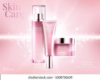 Cosmetic set ads, light pink package design on pink background with glittering bokeh elements in 3d illustration