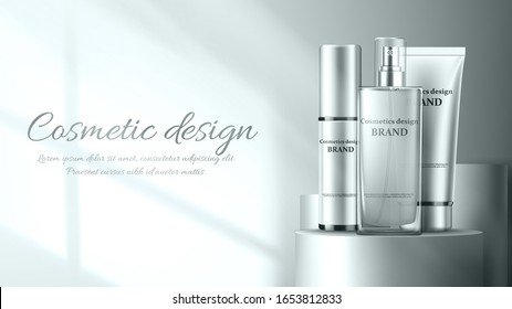 Cosmetic set ads, light pink package design on blue background with glittering bokeh elements in vector illustration