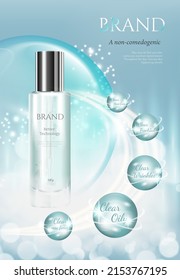 Cosmetic set ads, luxury blue package design on light blue background with molecule glittering bokeh and bubbles in 3d illustration