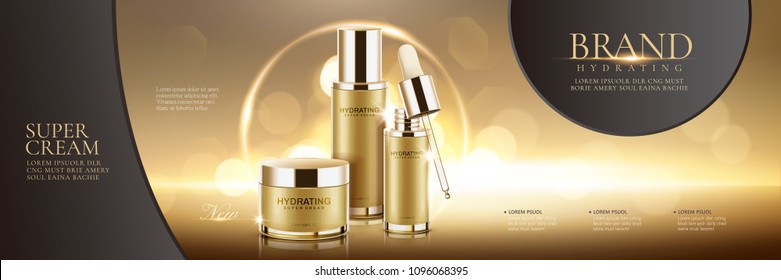 Cosmetic set ads on glowing golden background in 3d illustration