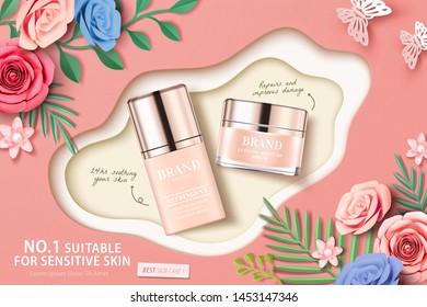 Cosmetic set ads with paper flowers in 3d illustration, top view Cosmetic set ads with paper flowers in 3d illustration, top view