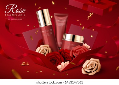 Cosmetic Set Ads With Paper Flowers In Gift Box, 3d Illustration