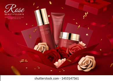 Cosmetic set ads with paper flowers in gift box, 3d illustration