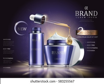 Cosmetic set ads, purple cream container and droplet bottle isolated on glowing background in 3d illustration