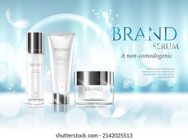 Cosmetic set ads, sky blue package design on light blue background with glittering bokeh and feather in 3d illustration