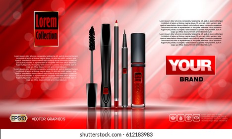 Cosmetic set ads template, mascara and brow s gel, eyeliner, lipstick collection cover mockup. Red background fragrance. Dazzling effect background. 3D Realistic Vector illustration