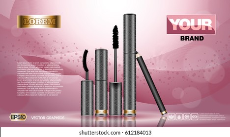 Cosmetic set ads template, mascara and brow s gel collection cover mockup. Pink background fragrance. Dazzling effect background. 3D Realistic Vector illustration