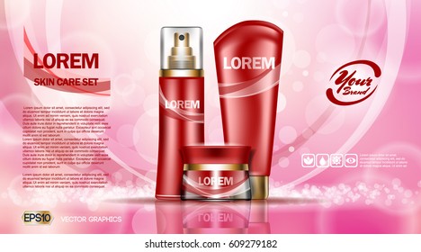 Cosmetic set ads template, moisturizing lotions collection cover mock up. Dazzling effect background. Cream, spray bottle, tubes. 3D Realistic Vector illustration