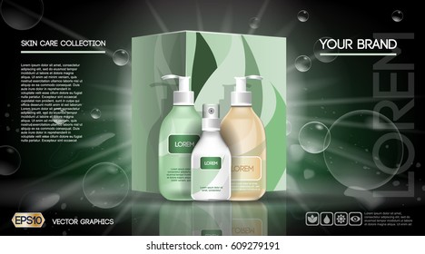 Cosmetic set ads template, moisturizing lotions collection cover mock up. Dazzling effect background. Brown Cream, spray bottle, tube. 3D Realistic Vector illustration