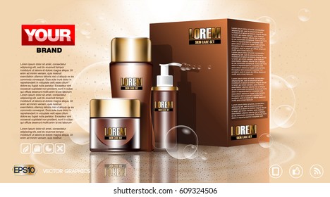 Cosmetic set ads template, moisturizing lotions collection cover mock up. Dazzling effect background. Cream, spray bottle, tube. 3D Realistic Vector illustration