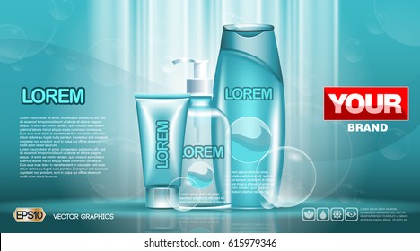 Cosmetic set ads template, moisturizing lotions collection cover mock up. Dazzling effect background. Cream, spray bottle, tubes. 3D Realistic Vector illustration