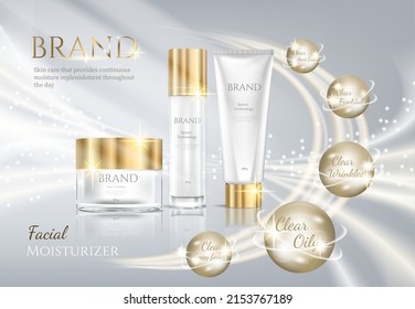 Cosmetic set ads,White gold luxury. Science abstract vector background design with DNA molecular structure. 3d molecules or atoms model illustration, scientific banner for medicine, biology.