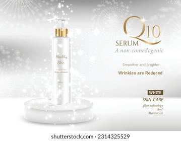 Cosmetic set ads,White gold luxury. Science abstract vector background. 3d molecules or atoms model illustration, scientific banner for medicine, biology, chemistry or physics template