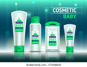 Cosmetic set for the baby. Shampoo, cream and wipes on a green background. Vector illustration.