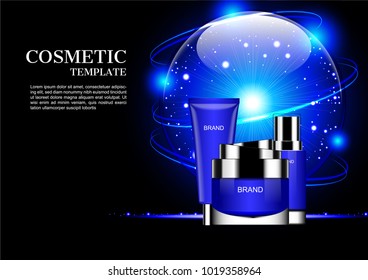 Cosmetic set and blue shining globe with orbital lights on dark background