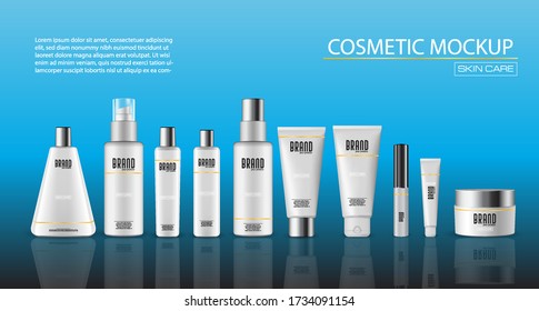Cosmetic set, bottles with spray, dispenser and dropper, cream jar, tube, plastic containers. Realistic 3d mock-up of cosmetic package.