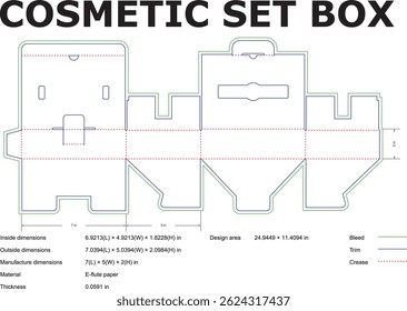 Cosmetic set box packaging design template with dotted lines for folding and manufacturing on white background